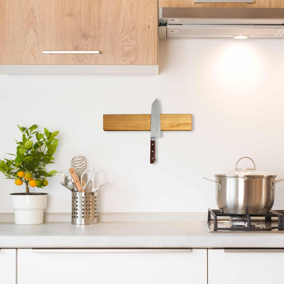 Magnetic Oak Knife Rail with kitchen knives