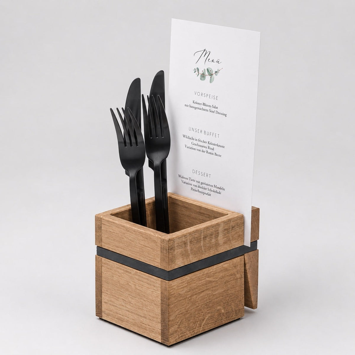 Oak cutlery holder with cutlery and menu card