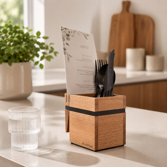 Oak cutlery holder with menu card clip