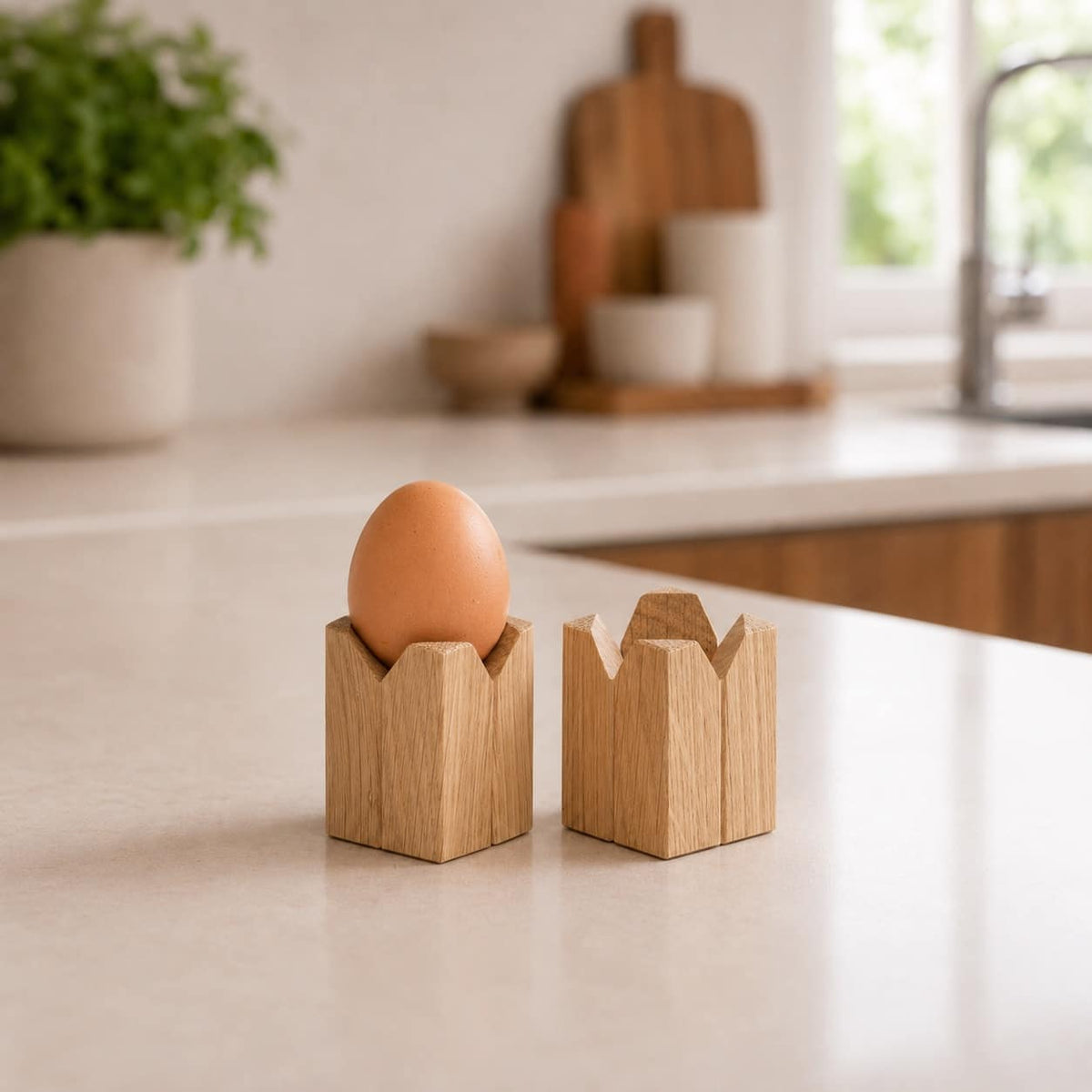 Oak egg cups on breakfast table