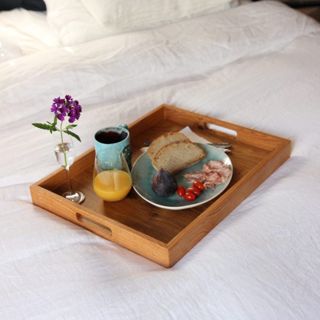 Oak serving tray in use