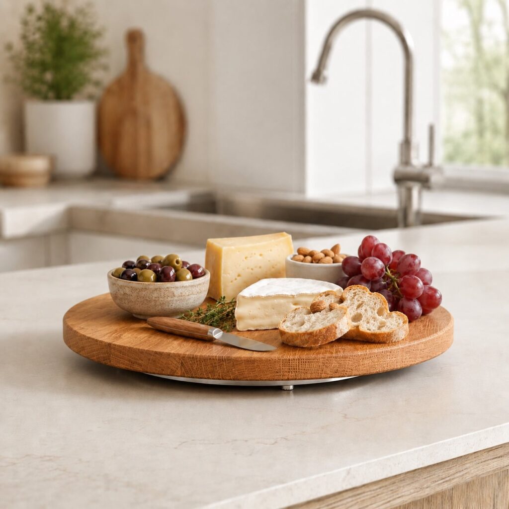 Round oak serving turntable styled with grapes on a table