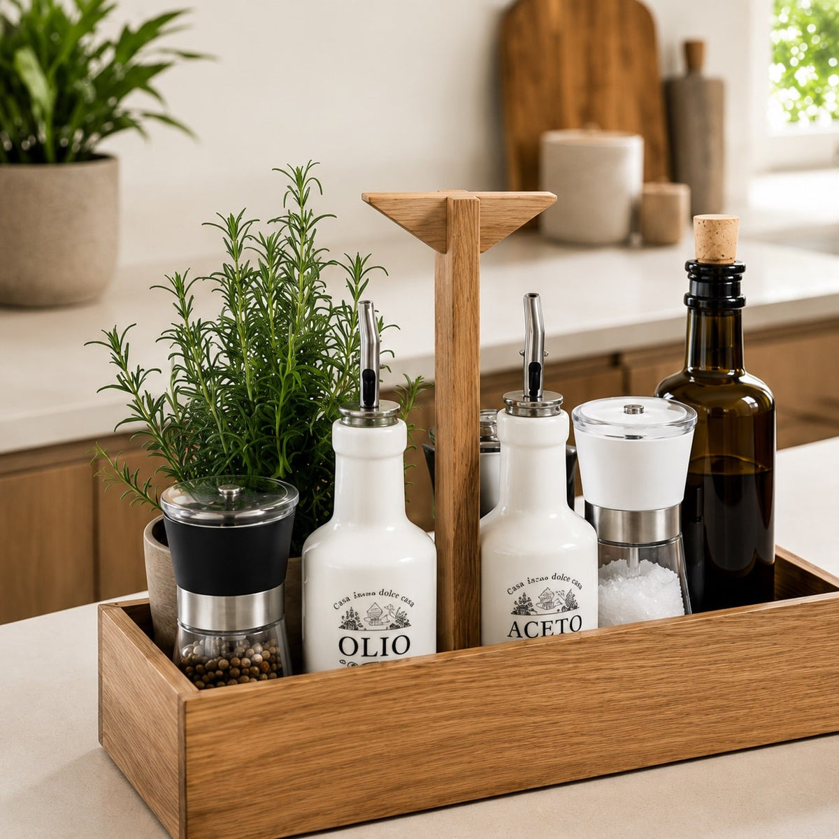 Oak spice caddy filled with oils and spices