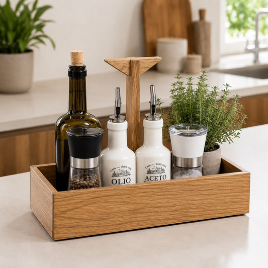 Oak spice caddy in kitchen