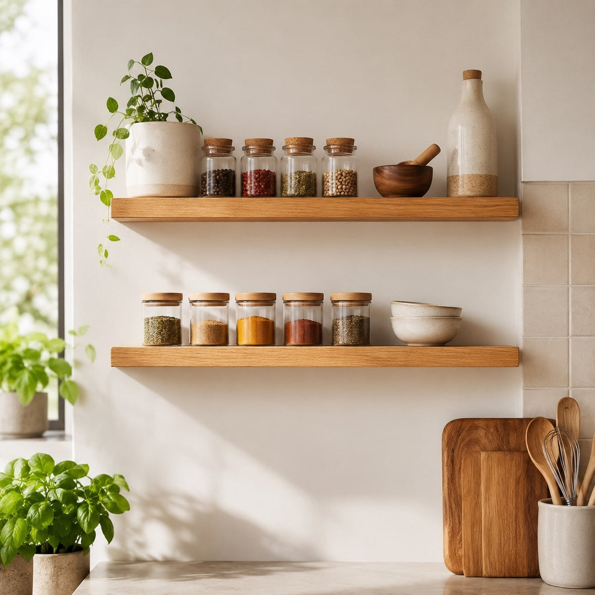 Oak spice rack set with jars in a modern kitchen