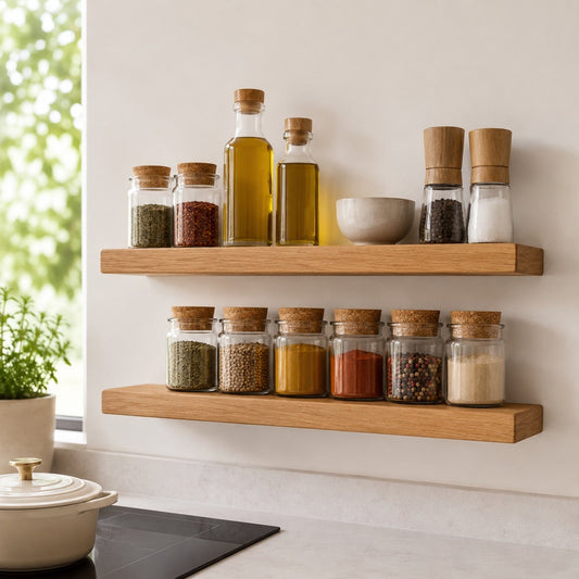 Oak spice rack set in kitchen
