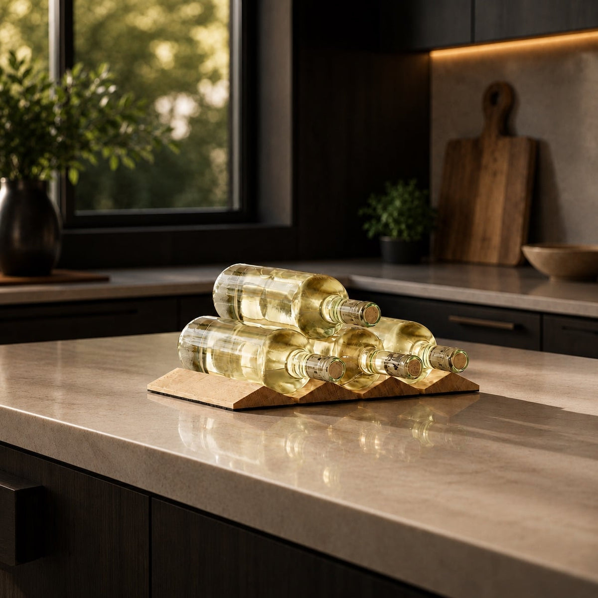 Oak wine rack designed to hold up to six bottles